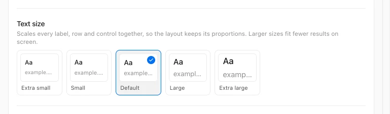 History Monk Text size setting with Extra small, Small, Default, Large and Extra large, Default picked