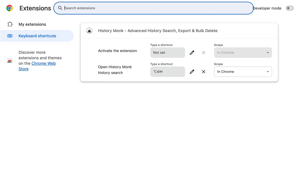 Chrome Keyboard shortcuts page with History Monk: Activate the extension Not set, and Open History Monk history search set to ⌥⇧H with In Chrome as the scope