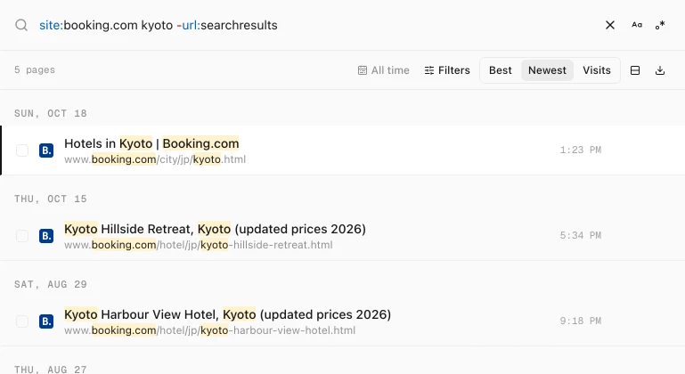 History Monk search for site:booking.com kyoto -url:searchresults listing five Booking.com hotel pages in Kyoto