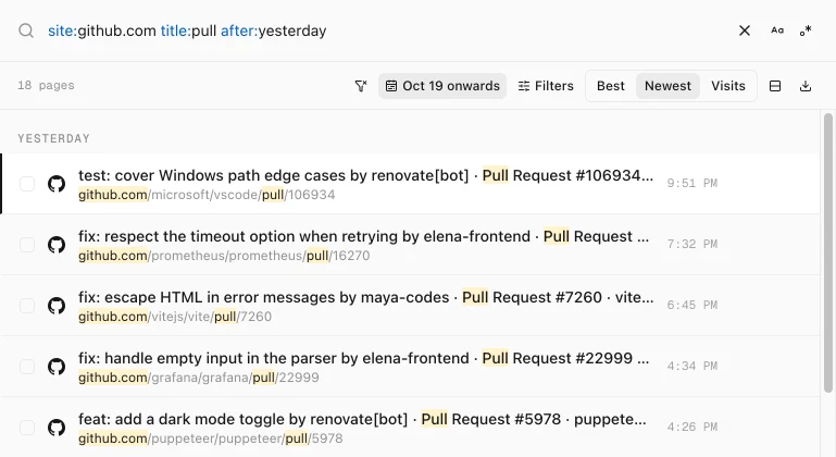 History Monk search for site:github.com title:pull after:yesterday listing 18 GitHub pull request pages from yesterday