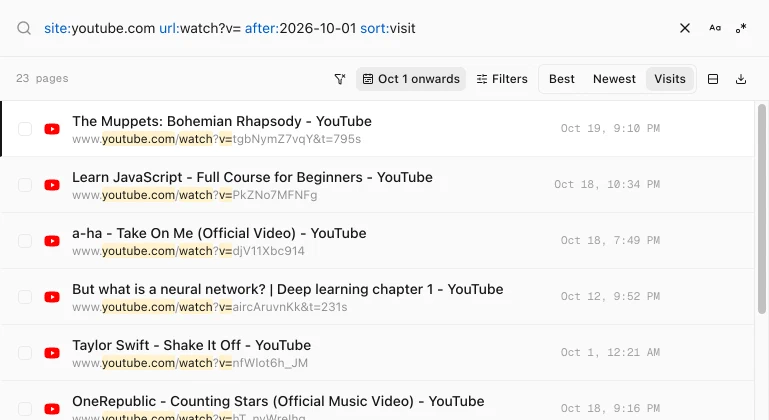 History Monk search for site:youtube.com url:watch?v= after:2026-10-01 sort:visit listing 23 YouTube videos sorted by visits