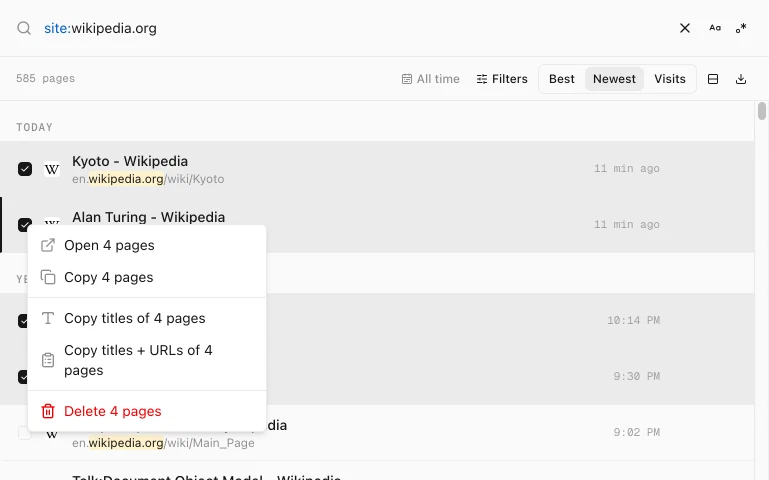 History Monk right-click menu with Open 4 pages, Copy 4 pages, Copy titles of 4 pages, Copy titles + URLs of 4 pages and Delete 4 pages