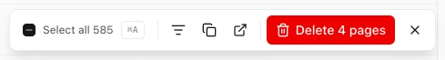 History Monk selection bar with Select all 585, a filter button, a copy button, an open button, Delete 4 pages and a close button