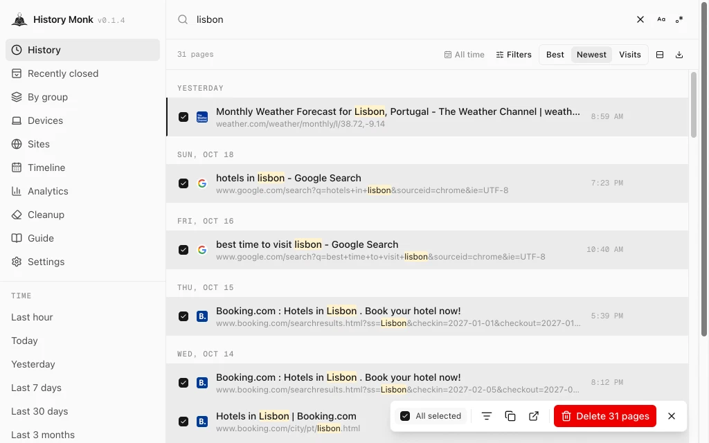 History Monk search for lisbon with every result ticked and a bar reading All selected and Delete 31 pages