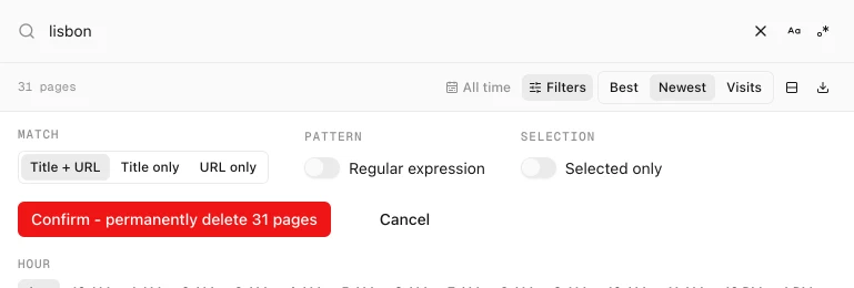 History Monk Filters panel with a Confirm - permanently delete 31 pages button and a Cancel button