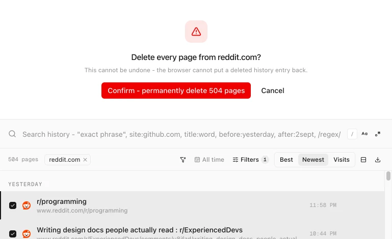 History Monk panel asking Delete every page from reddit.com? above a Confirm - permanently delete 504 pages button and the reddit.com pages, all ticked