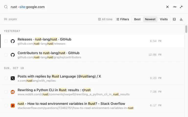 History Monk search for rust -site:google.com with GitHub, X, Reddit and Stack Overflow pages and no Google search pages