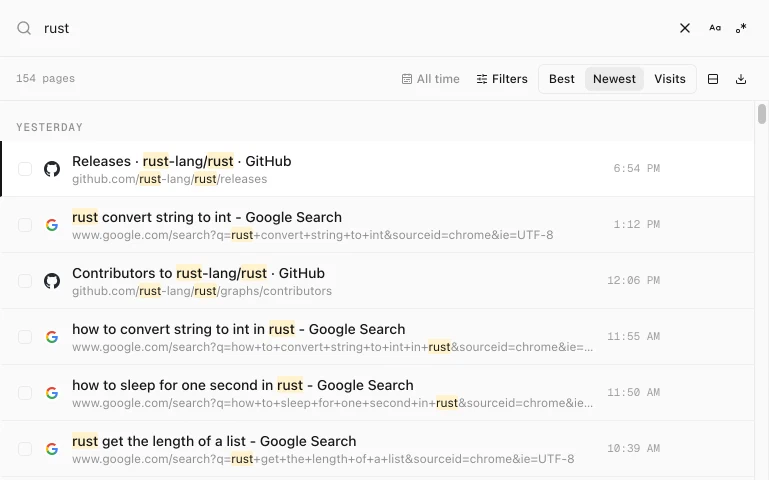 History Monk search for rust with Google search result pages mixed between GitHub and X pages