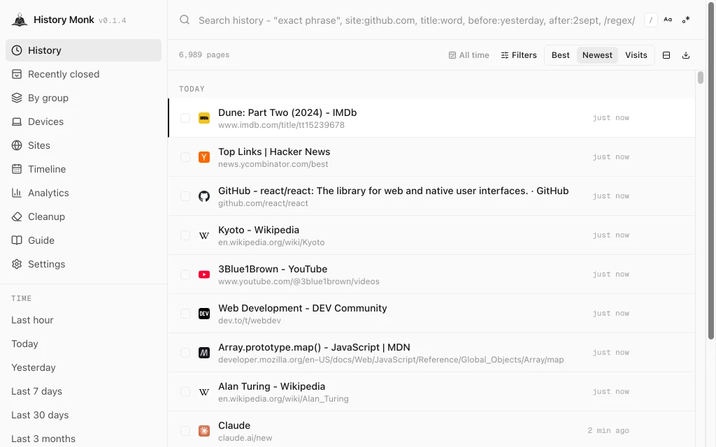 History Monk open on its History view, listing pages newest first under Today