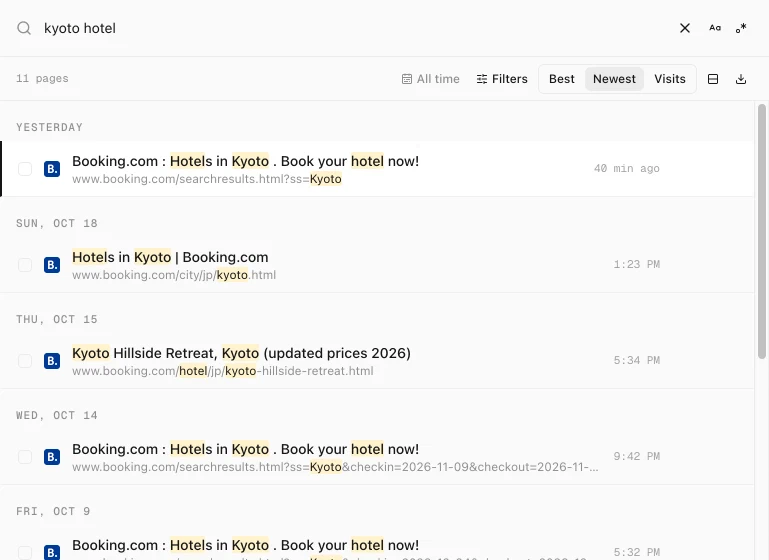 History Monk search for kyoto hotel listing 11 Booking.com pages, with Kyoto and hotel highlighted in titles and addresses