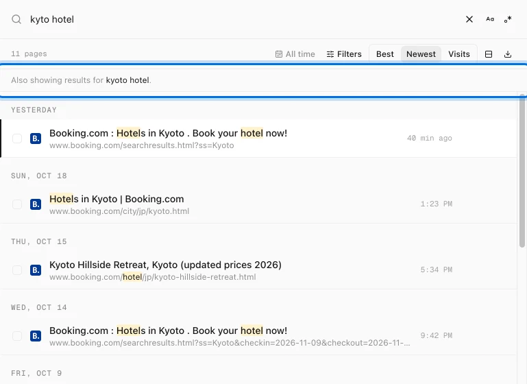 History Monk search for kyto hotel with the note Also showing results for kyoto hotel above the same 11 pages