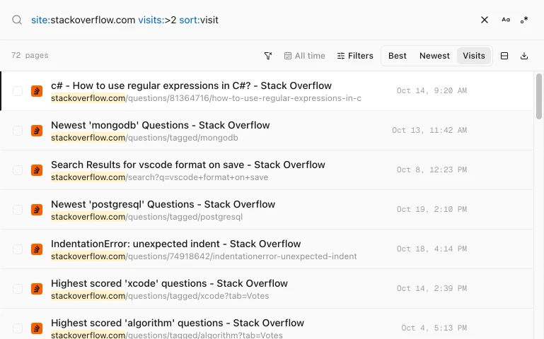 History Monk search for site:stackoverflow.com visits:>2 sort:visit listing 72 Stack Overflow pages