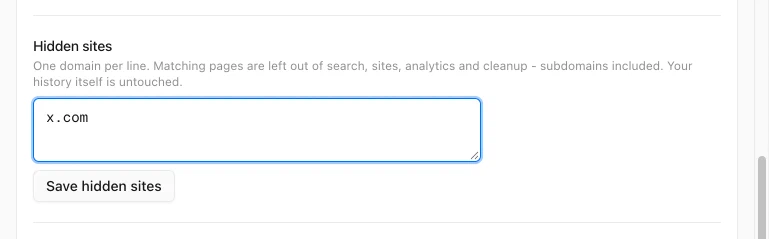 History Monk Settings with x.com typed in the Hidden sites box and a Save hidden sites button