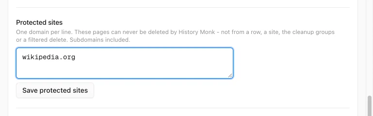 History Monk Settings with wikipedia.org typed in the Protected sites box and a Save protected sites button