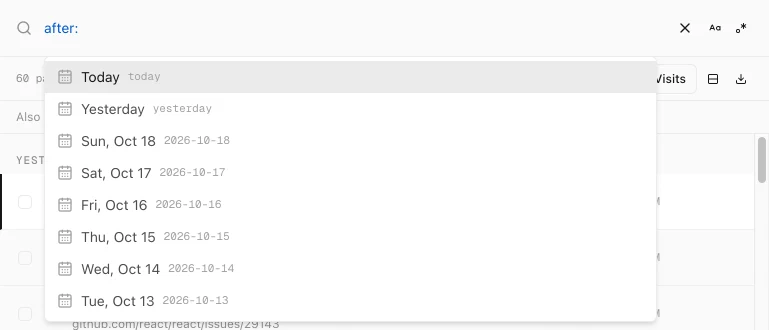 History Monk search box with after: typed and a list of days: Today, Yesterday, Sun Oct 18 and earlier dates