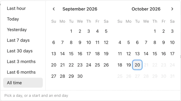 History Monk date panel with quick ranges from Last hour to All time and calendars for September and October 2026