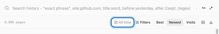 History Monk toolbar with the All time date button highlighted next to Filters