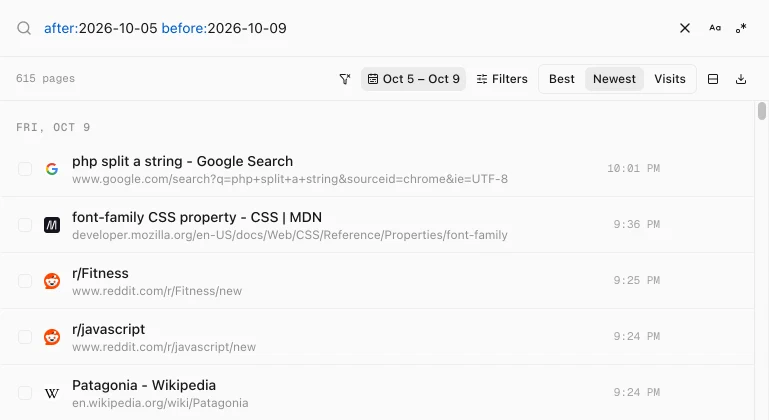 History Monk search box with after:2026-10-05 before:2026-10-09, an Oct 5 – Oct 9 date button and 615 pages from October 9