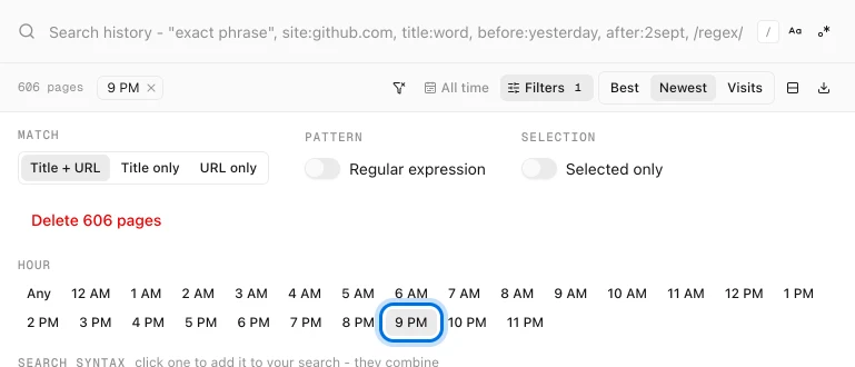 History Monk Filters panel with 9 PM picked under Hour and a 9 PM chip showing 606 pages