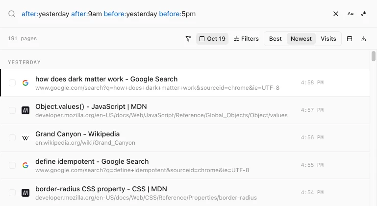 History Monk search for after:yesterday after:9am before:yesterday before:5pm listing pages from October 19 between 4:54 PM and 4:58 PM at the top