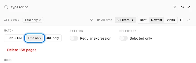 History Monk Filters panel with Match set to Title only and a Title only chip under the search box