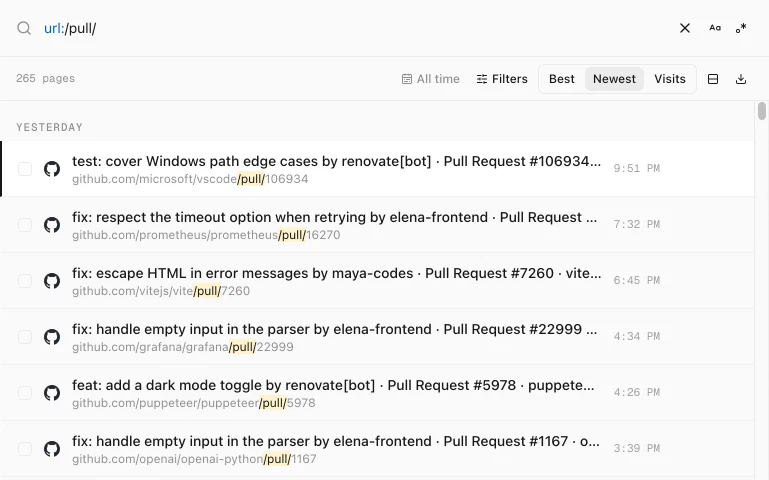 History Monk search for url:/pull/ listing GitHub pull request pages with /pull/ highlighted in each address