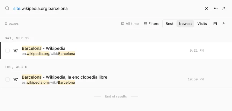 History Monk search for site:wikipedia.org barcelona showing two pages, one on en.wikipedia.org and one on es.wikipedia.org