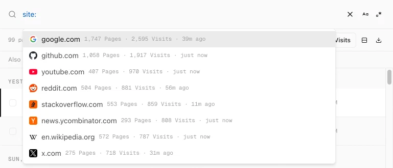 History Monk search box with site: typed and a list of sites: google.com, github.com, youtube.com and more, each with page and visit counts