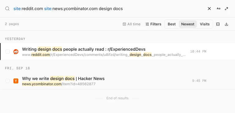 History Monk search for site:reddit.com site:news.ycombinator.com design docs showing one Reddit thread and one Hacker News post