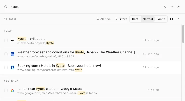 History Monk search for kyoto with the third result, Booking.com : Hotels in Kyoto, highlighted after pressing the down arrow twice