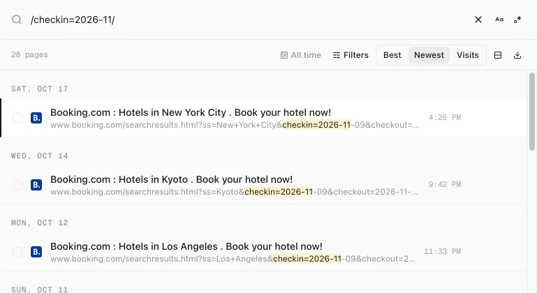 History Monk search for /checkin=2026-11/ listing Booking.com search pages with checkin=2026-11 highlighted in the address