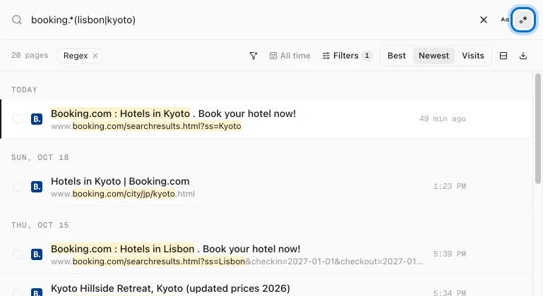 History Monk with the regular expression button switched on, booking.*(lisbon|kyoto) in the search box and a Regex chip showing 20 pages