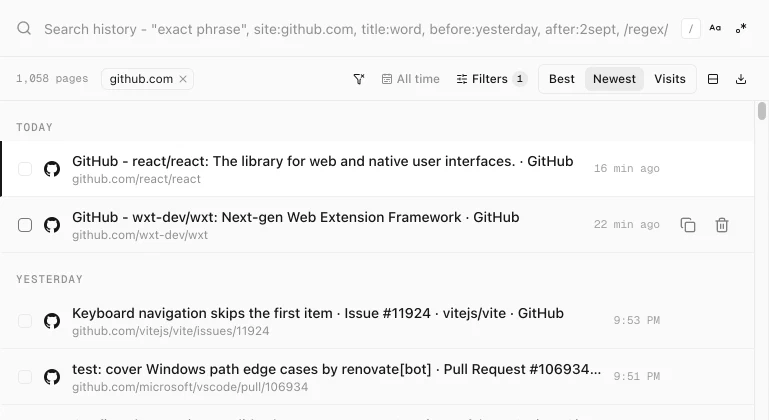 History Monk History view filtered to github.com with a github.com chip and 1,058 pages