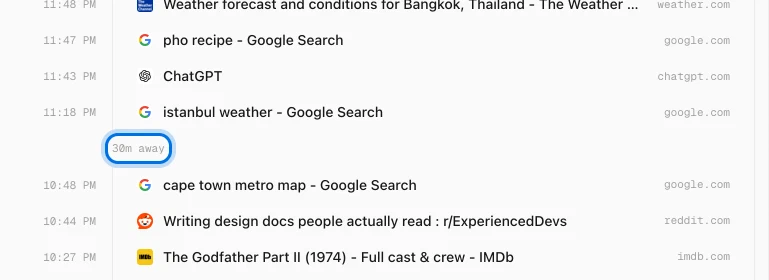 History Monk Timeline with a 30m away marker between a page at 11:18 PM and one at 10:48 PM