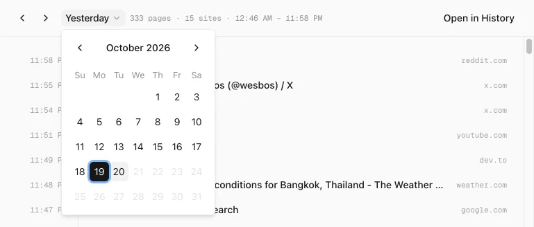 History Monk Timeline with the calendar open on October 2026, the 19th selected and days after the 20th greyed out
