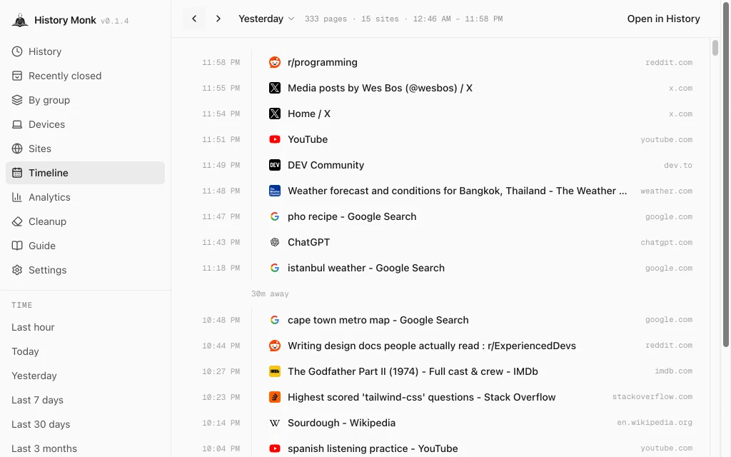 History Monk Timeline for Yesterday: 333 pages, 15 sites, 12:46 AM to 11:58 PM, starting with r/programming at 11:58 PM