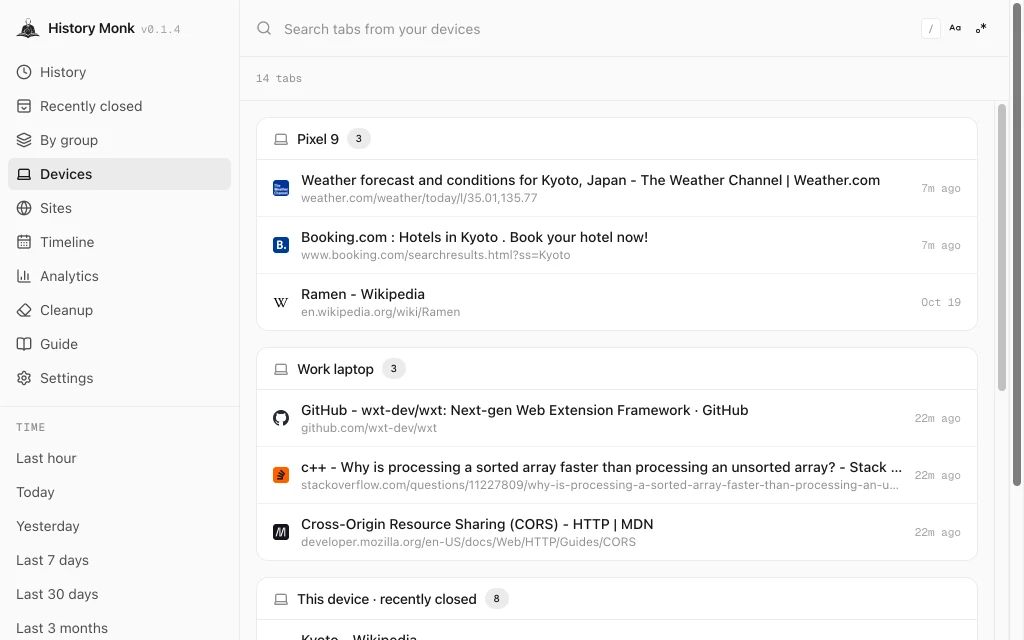 History Monk Devices view: a Pixel 9 card with 3 tabs including a Kyoto weather page, a Work laptop card with 3 tabs including a GitHub repository, and a This device card below