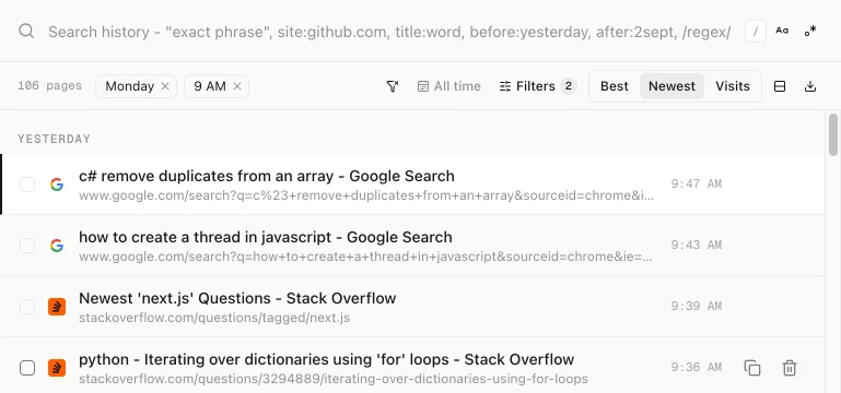 History Monk History view with Monday and 9 AM chips, listing 106 pages such as Google searches and Stack Overflow questions