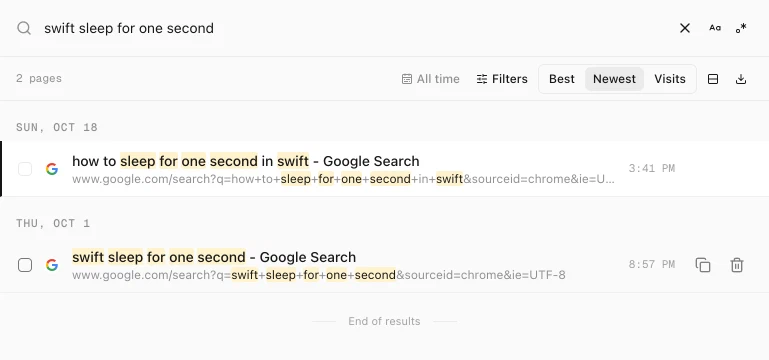 History Monk History view searching swift sleep for one second, with two Google search pages