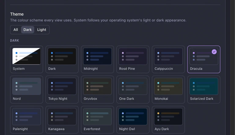 History Monk Theme setting filtered to Dark with Dracula picked, the Settings page drawn in Dracula colours