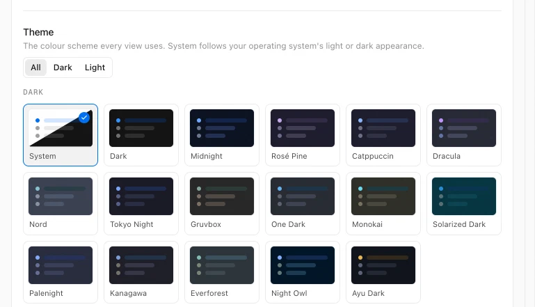 History Monk Theme setting with All, Dark and Light filters and theme tiles such as System, Dark, Midnight, Rosé Pine, Catppuccin and Dracula